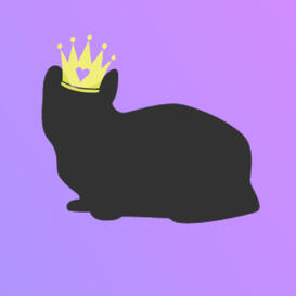 Silhouette of a black cat sitting crouched. A gold crown, with a heart punched out of the center, sits upon its head